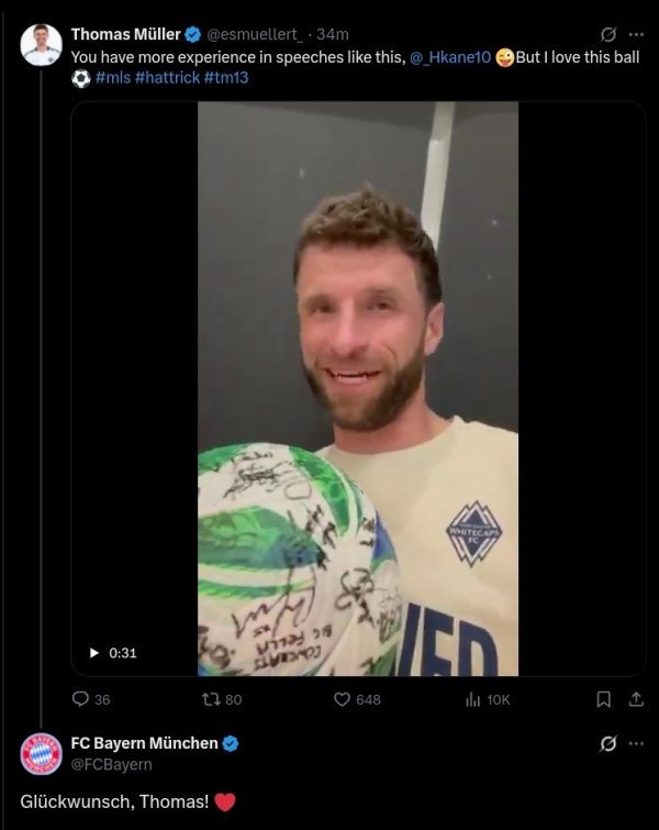 穆勒生日夜戴帽并在社媒与凯恩互动,拜仁官推为其送上祝贺